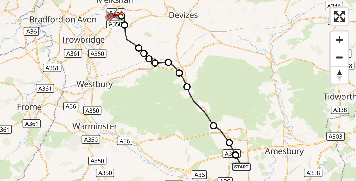 Flight route Air Ambulance Helicopter Berwick St. James - Wiltshire Air Ambulance, 06 September 2026, 13:22