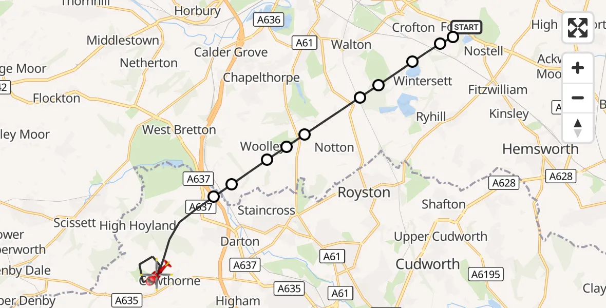 Flight route Air Ambulance Helicopter YAA Nostell Helicopter Port - Barnsley, 06 September 2026, 13:23