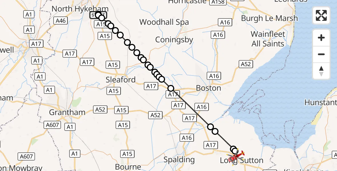 Flight route Air Ambulance Helicopter RAF Waddington - Chapelgate, 06 September 2026, 13:24