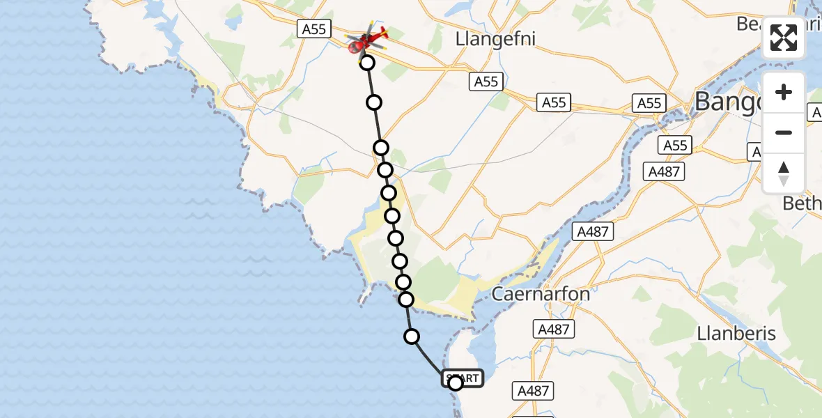 Flight route Air Ambulance Helicopter Caernarfon Airport - Gwalchmai, 06 September 2026, 13:33