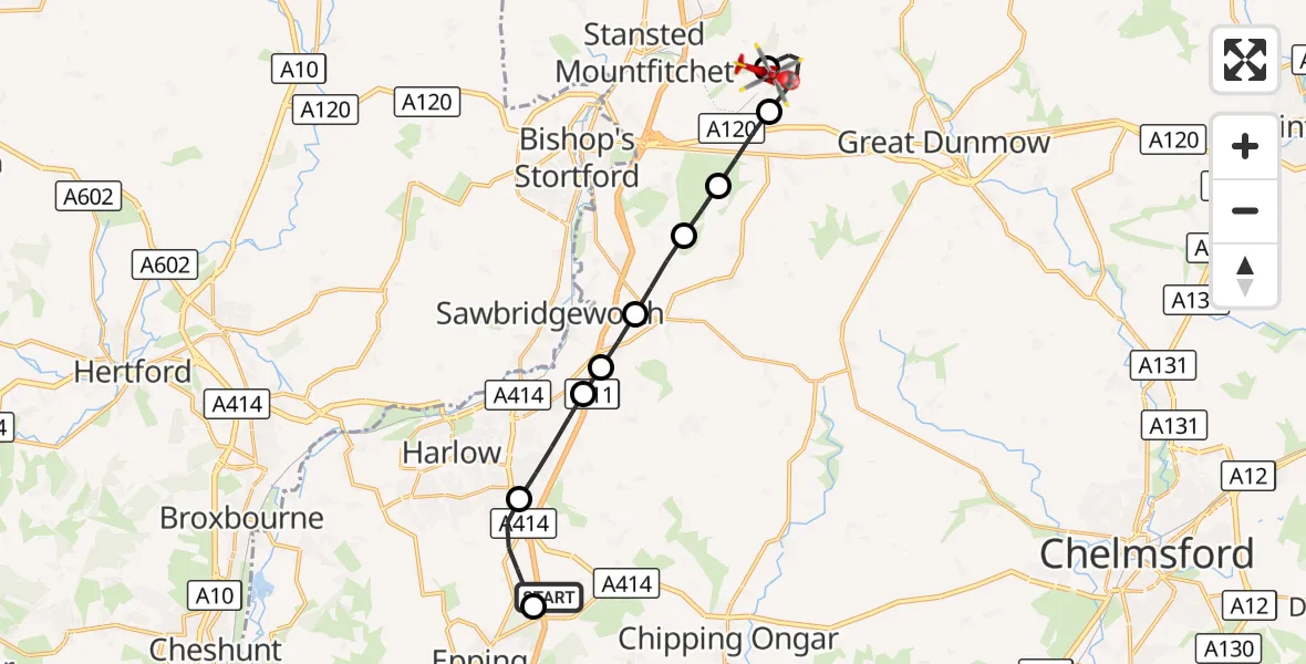 Flight route Air Ambulance Helicopter North Weald Airfield - London Stansted Airport, 06 September 2026, 13:34