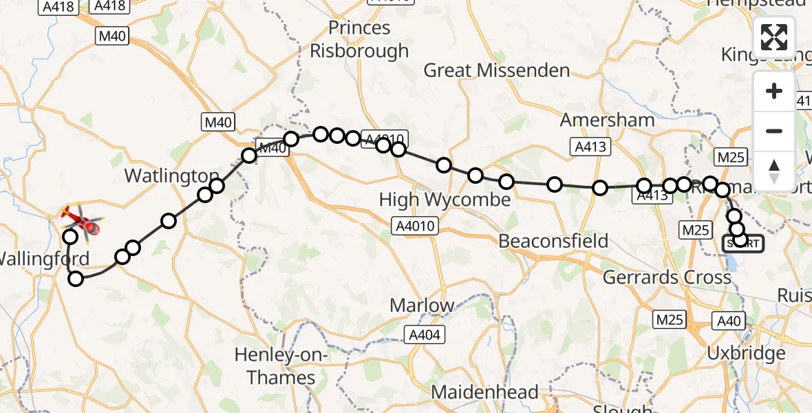 Flight route Air Ambulance Helicopter Harefield Hospital - RAF Benson, 06 September 2026, 13:35