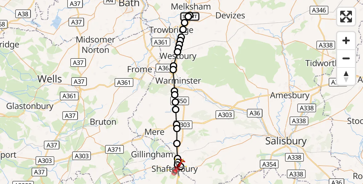 Flight route Air Ambulance Helicopter Wiltshire Air Ambulance - Shaftesbury, 06 September 2026, 13:57