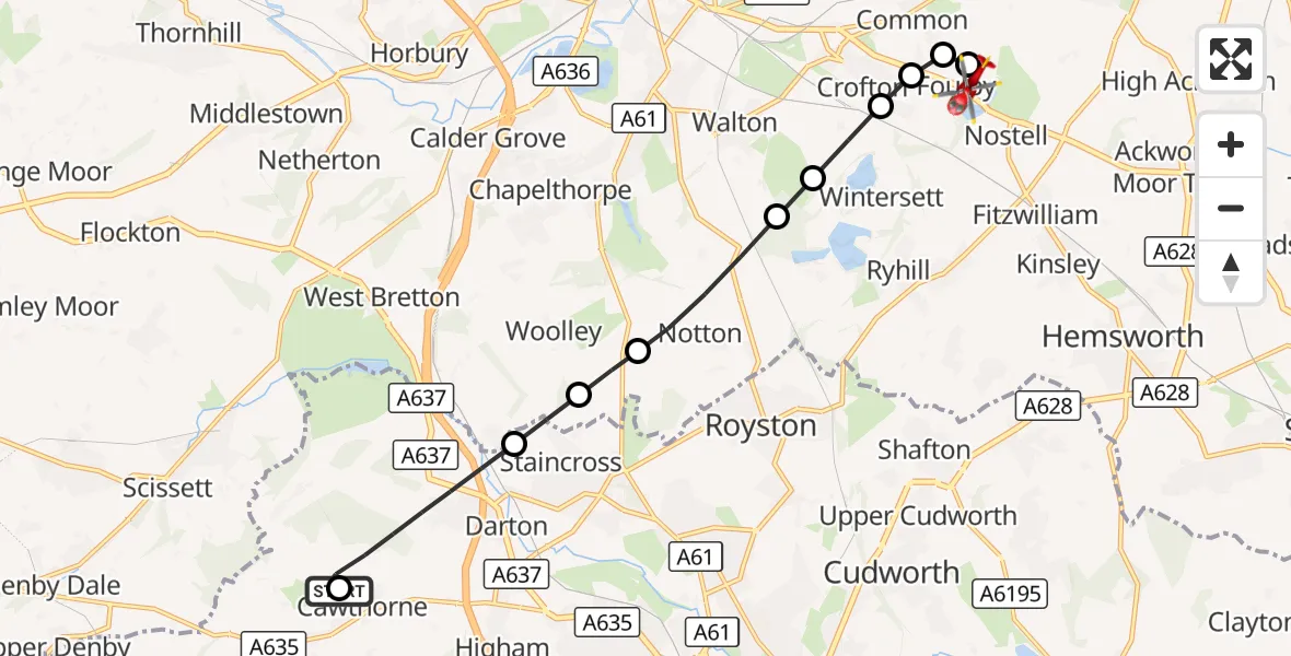 Flight route Air Ambulance Helicopter Barnsley - YAA Nostell Helicopter Port, 06 September 2026, 14:06