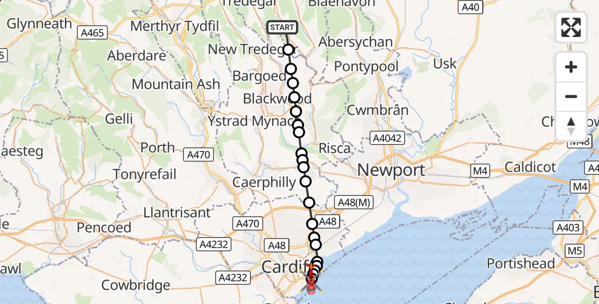 Flight route Air Ambulance Helicopter Cwm - Cardiff Heliport, 06 September 2026, 14:09