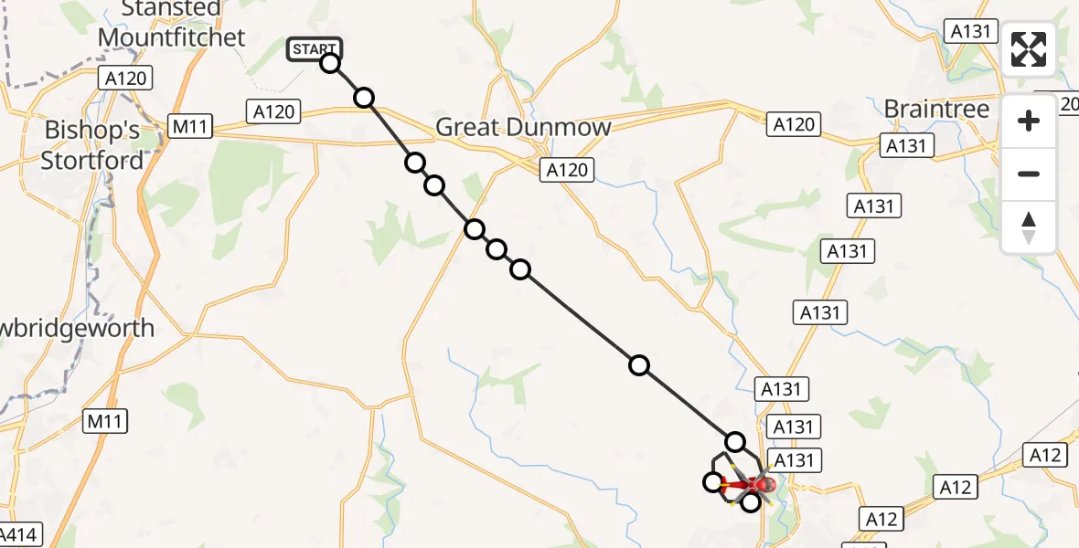Flight route Air Ambulance Helicopter London Stansted Airport - Little Waltham, 06 September 2026, 14:24