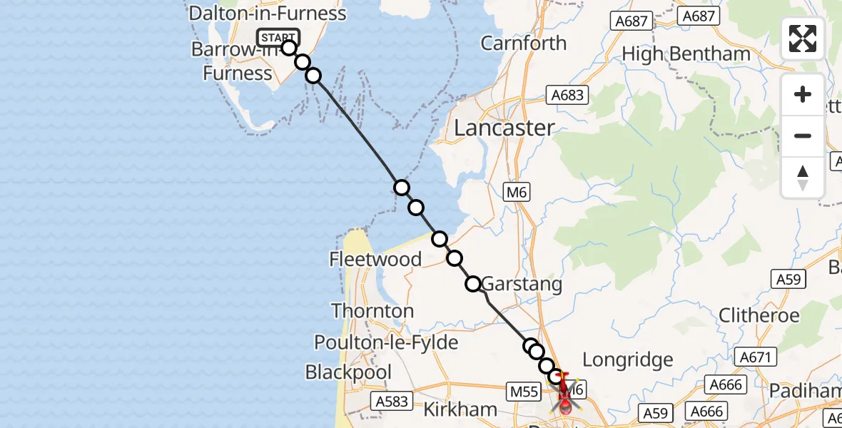 Flight route Air Ambulance Helicopter Stainton with Adgarley - Preston, 06 September 2026, 14:28
