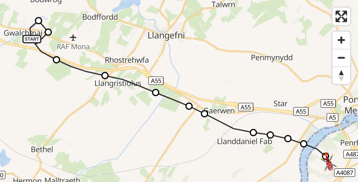 Flight route Air Ambulance Helicopter Gwalchmai - Aber Pwll, 06 September 2026, 14:31