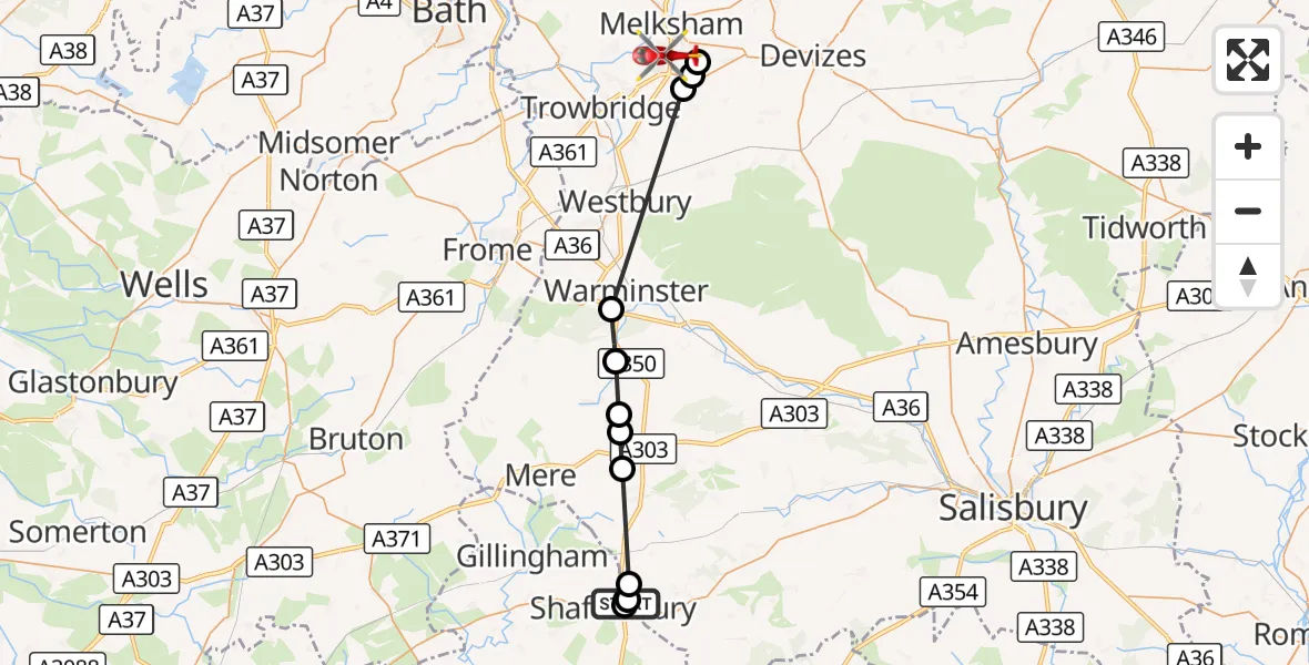 Flight route Air Ambulance Helicopter Shaftesbury - Melksham, 06 September 2026, 14:37