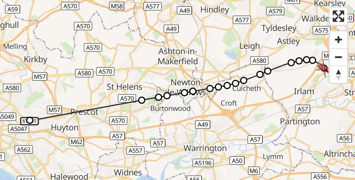 Flight route Air Ambulance Helicopter Knotty Ash - Manchester Barton Aerodrome, 06 September 2026, 14:42