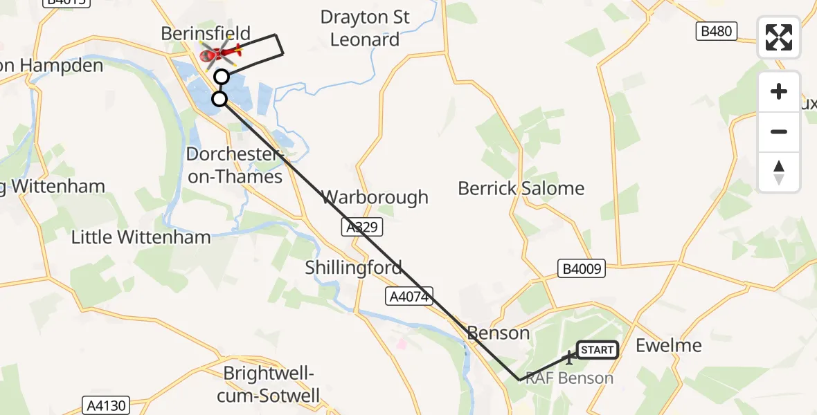 Flight route Air Ambulance Helicopter RAF Benson - Berinsfield, 06 September 2026, 14:41