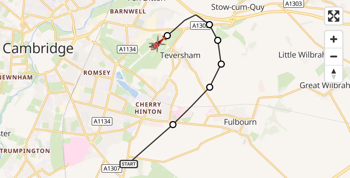 Flight route Air Ambulance Helicopter Great Shelford - Cambridge City Airport, 06 September 2026, 14:46