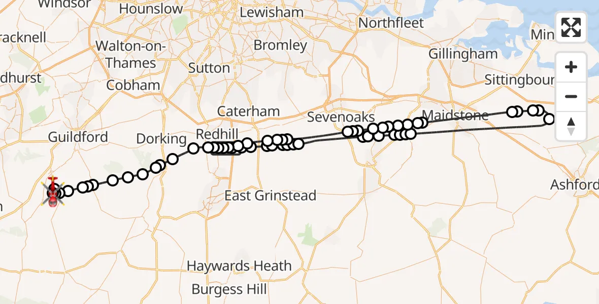 Flight route Air Ambulance Helicopter Redhill Aerodrome - Wormley, 06 September 2026, 14:49