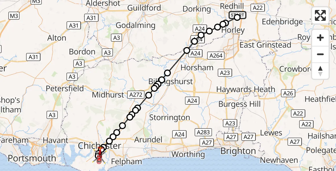 Flight route Air Ambulance Helicopter Redhill Aerodrome - Hunston, 06 September 2026, 15:01