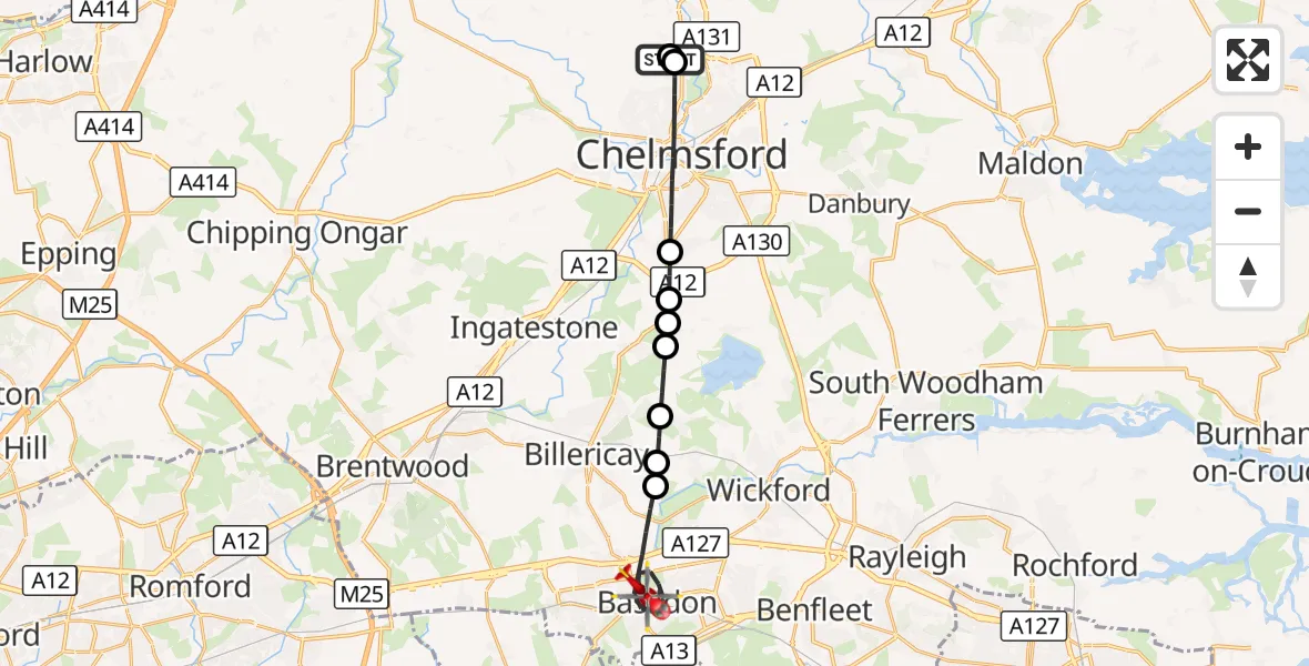 Flight route Air Ambulance Helicopter Broomfield Hospital - Basildon, 06 September 2026, 15:02