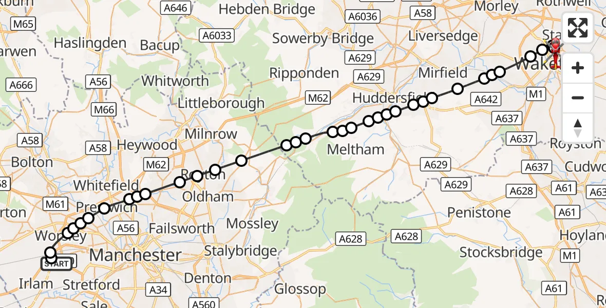 Flight route Air Ambulance Helicopter Manchester Barton Aerodrome - Stanley, 06 September 2026, 15:07