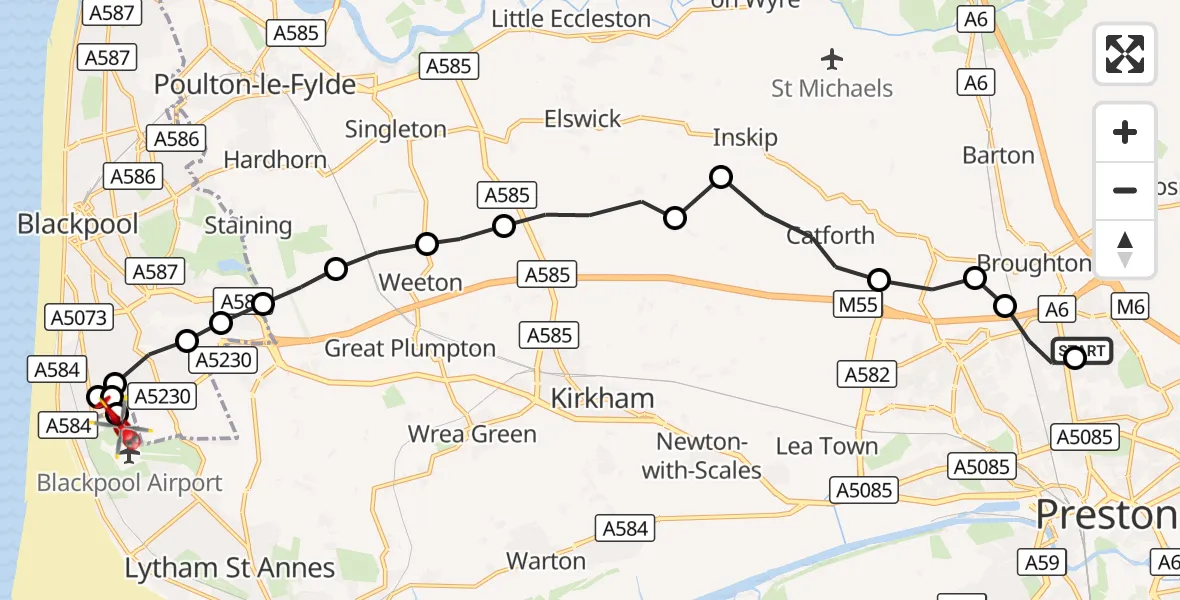 Flight route Air Ambulance Helicopter Royal Preston - Blackpool Airport, 06 September 2026, 15:15