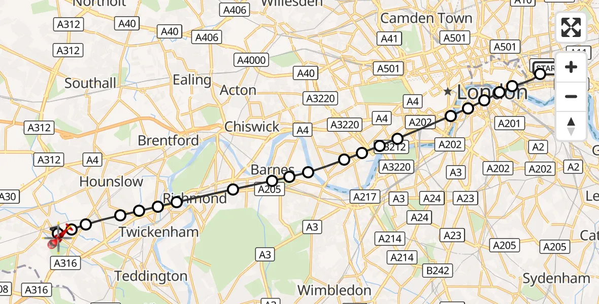 Flight route Air Ambulance Helicopter Royal London Hospital - Feltham, 06 September 2026, 15:37