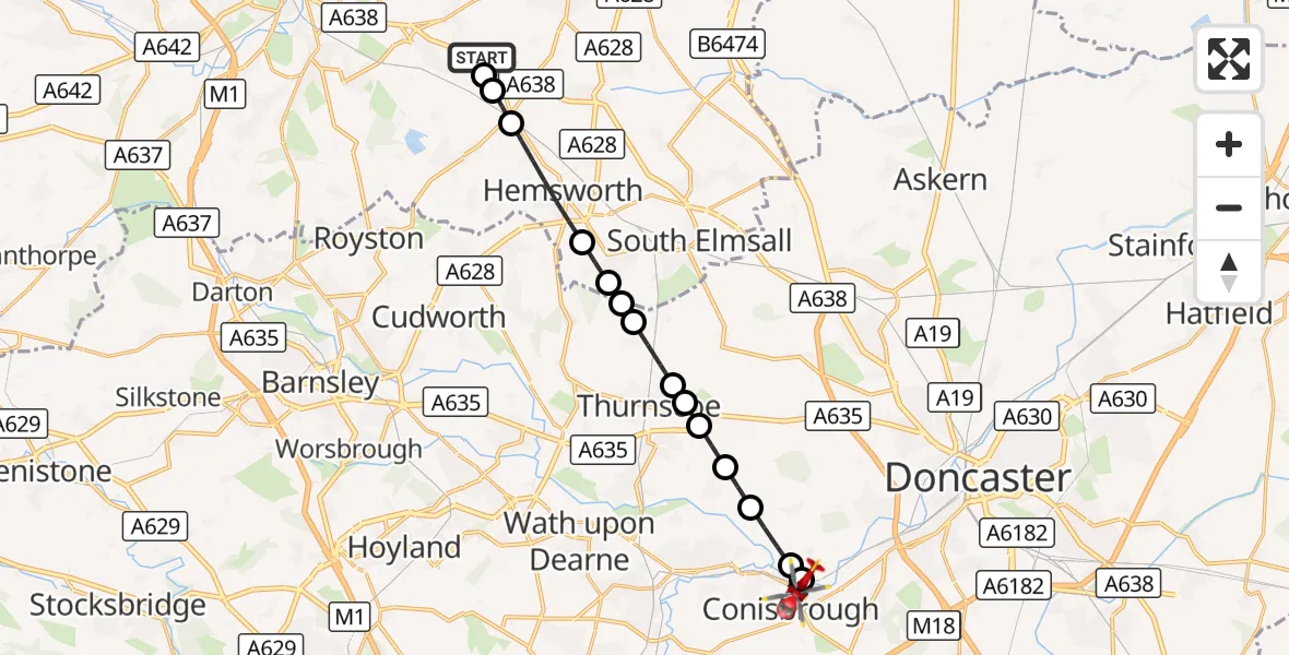 Flight route Air Ambulance Helicopter YAA Nostell Helicopter Port - Conisbrough, 06 September 2026, 16:03