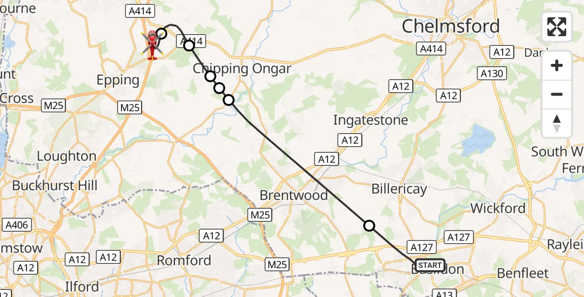 Flight route Air Ambulance Helicopter Basildon - North Weald Airfield, 06 September 2026, 16:08