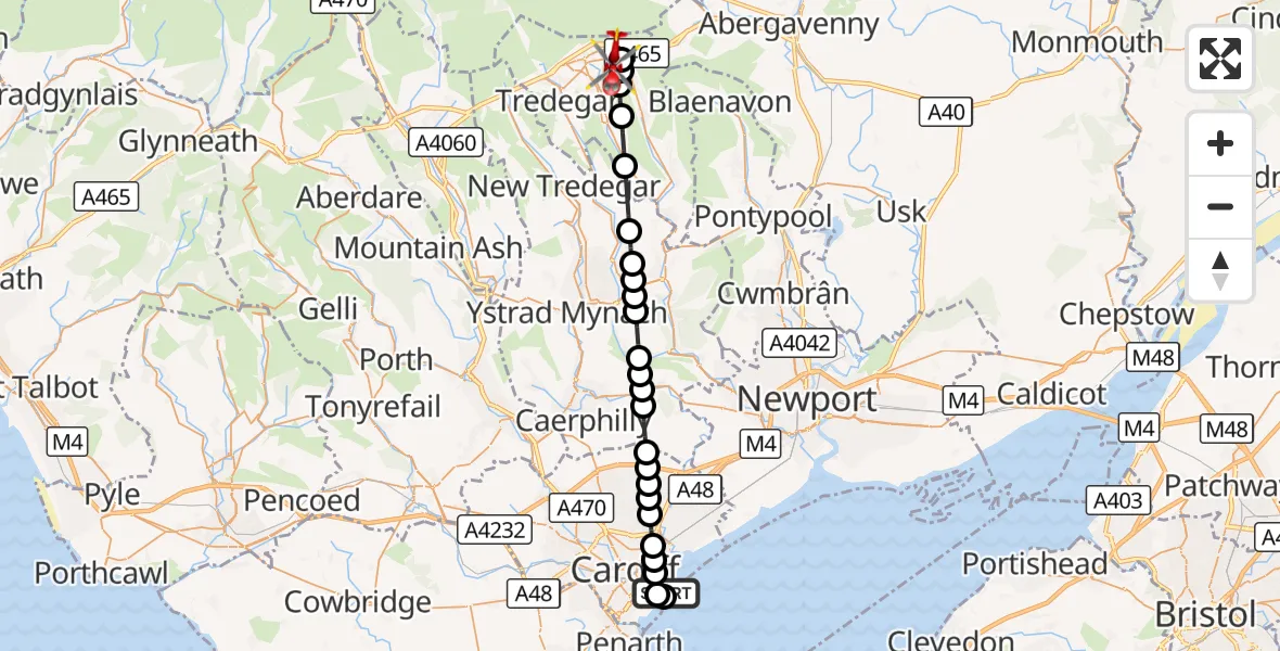 Flight route Air Ambulance Helicopter Cardiff Heliport - Beaufort Hill, 06 September 2026, 16:10