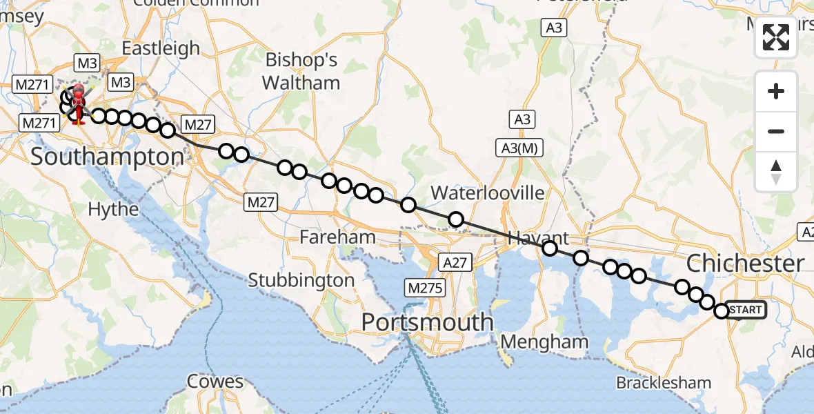 Flight route Air Ambulance Helicopter Hunston - University Hospital Southampton, 06 September 2026, 16:11