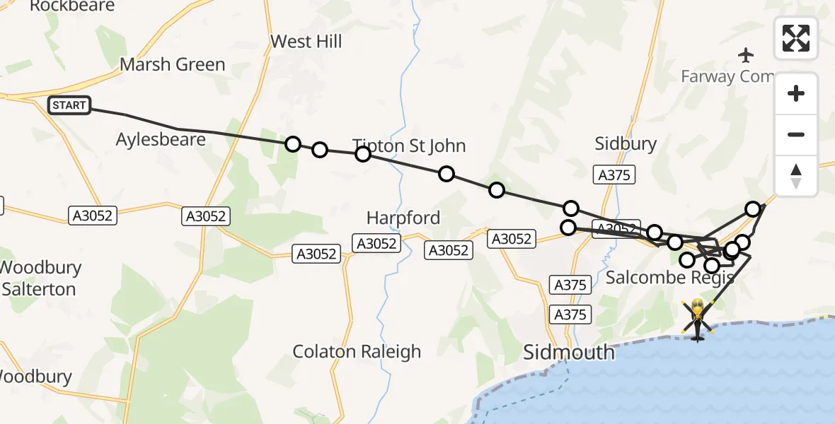 Flight route Police Helicopter Aylesbeare - Sidmouth, 06 September 2026, 16:19