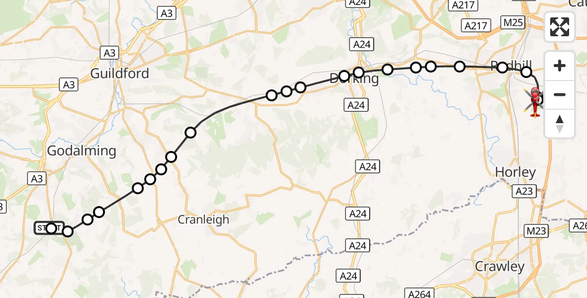 Flight route Air Ambulance Helicopter Wormley - Redhill Aerodrome, 06 September 2026, 16:30