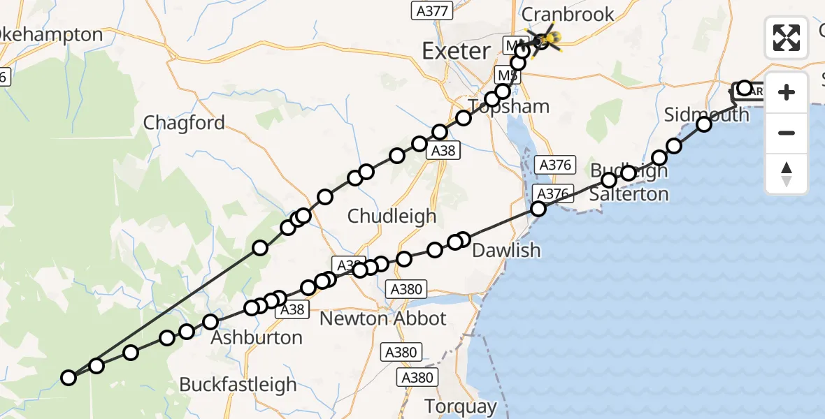 Flight route Police Helicopter Salcombe Regis - Clyst Honiton, 06 September 2026, 16:37