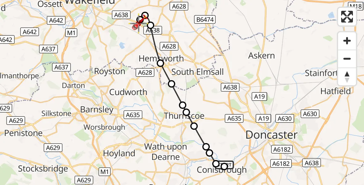 Flight route Air Ambulance Helicopter Conisbrough - YAA Nostell Helicopter Port, 06 September 2026, 16:43