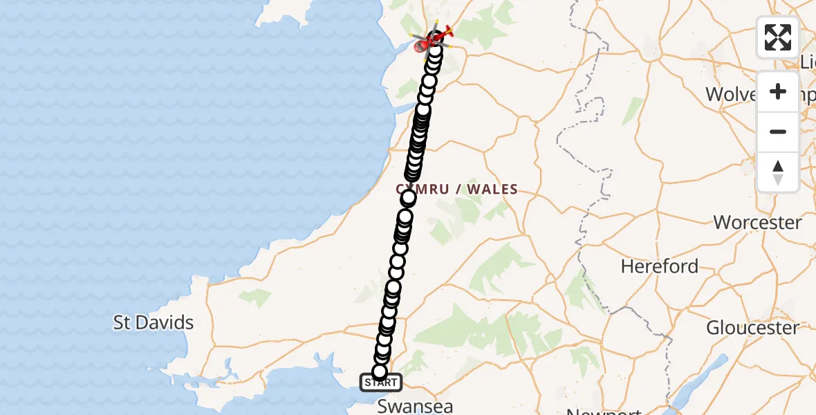 Flight route Air Ambulance Helicopter Dafen - Dolgellau, 06 September 2026, 16:57