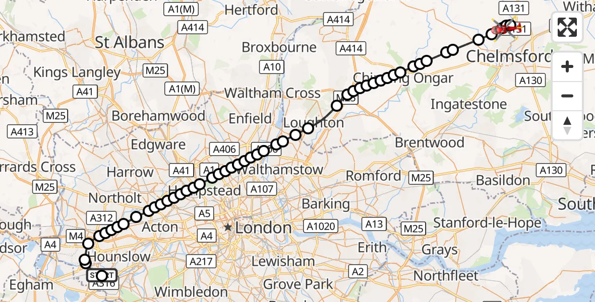 Flight route Air Ambulance Helicopter Hanworth - Little Waltham, 06 September 2026, 17:01