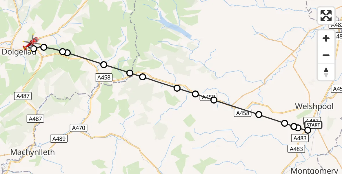 Flight route Air Ambulance Helicopter Welshpool Airport - Dolgellau, 06 September 2026, 17:06