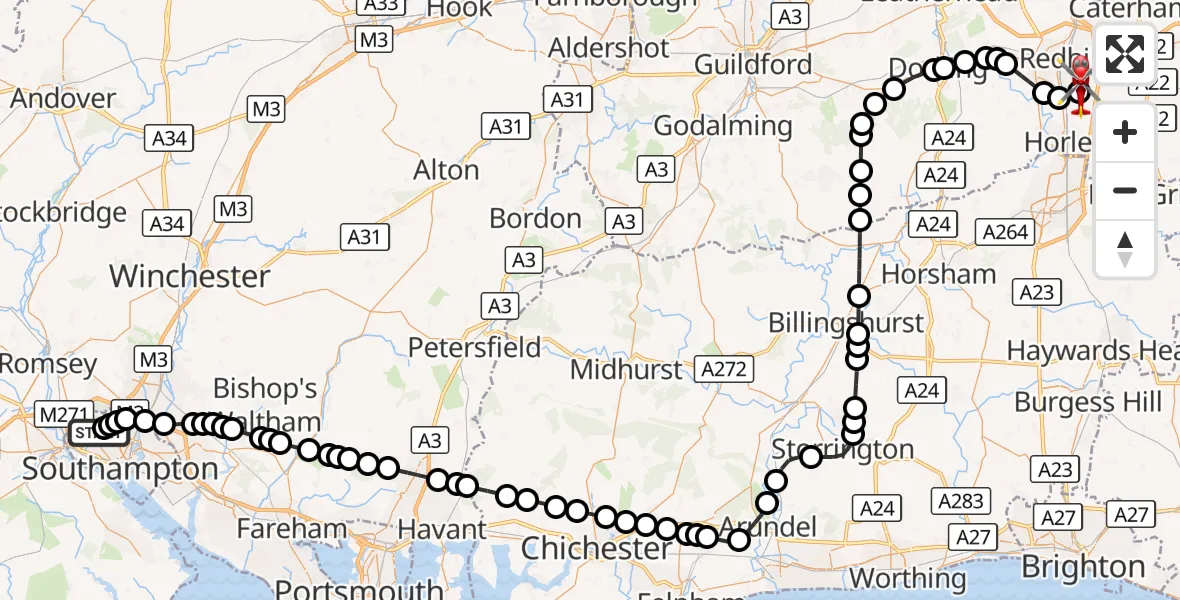 Flight route Air Ambulance Helicopter University Hospital Southampton - Redhill Aerodrome, 06 September 2026, 17:07