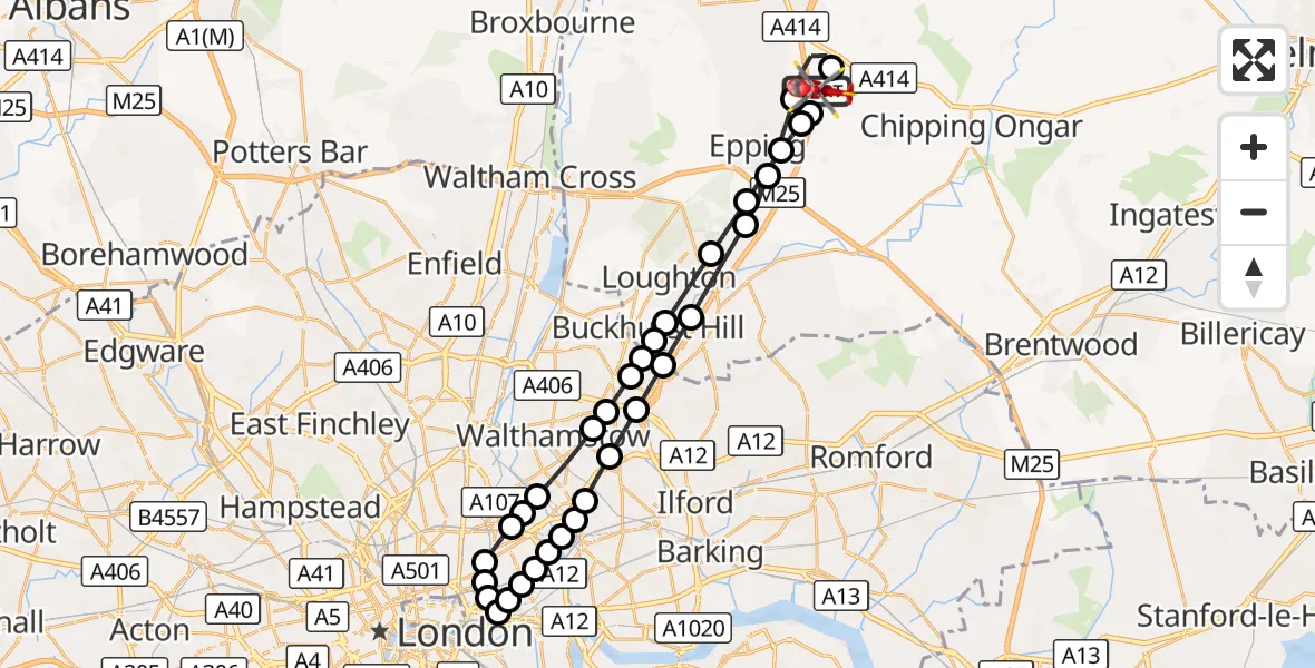 Flight route Air Ambulance Helicopter North Weald Airfield - North Weald Airfield, 06 September 2026, 17:17