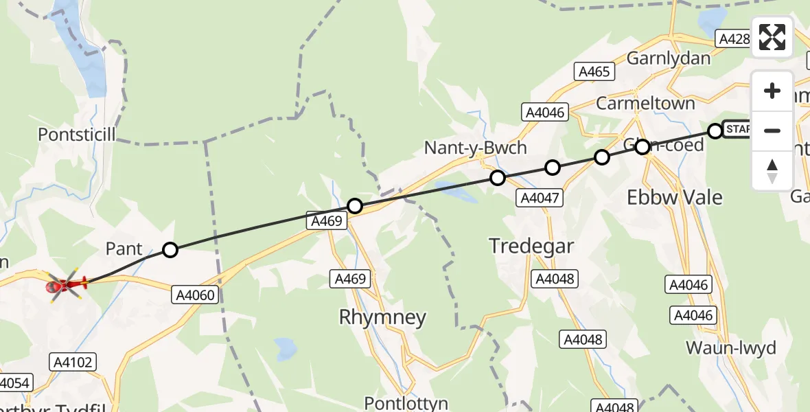 Flight route Air Ambulance Helicopter Brynmawr - Merthyr Tydfil, 06 September 2026, 17:18