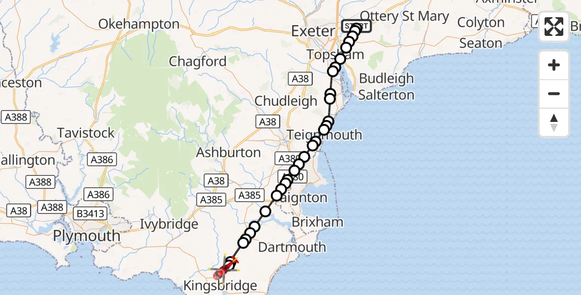 Flight route Air Ambulance Helicopter Exeter International Airport - South Hams, 06 September 2026, 17:25