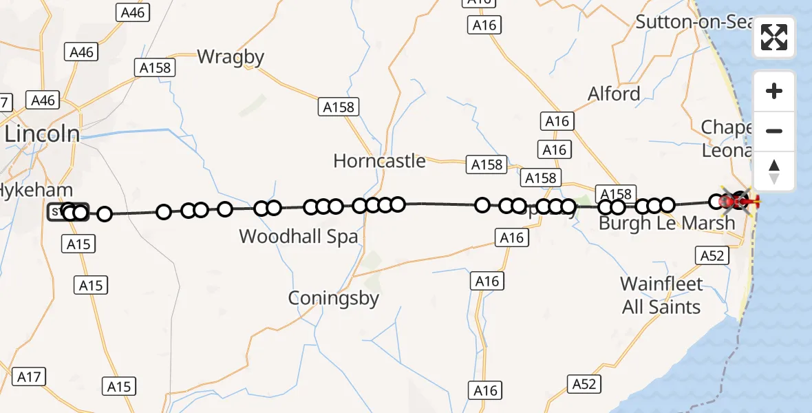 Flight route Air Ambulance Helicopter RAF Waddington - Skegness (Ingoldmells) Aerodrome, 06 September 2026, 17:56