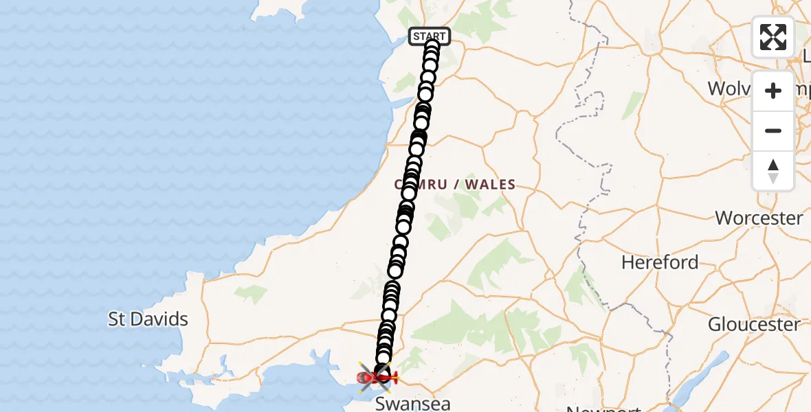 Flight route Air Ambulance Helicopter Dolgellau - Dafen, 06 September 2026, 18:10