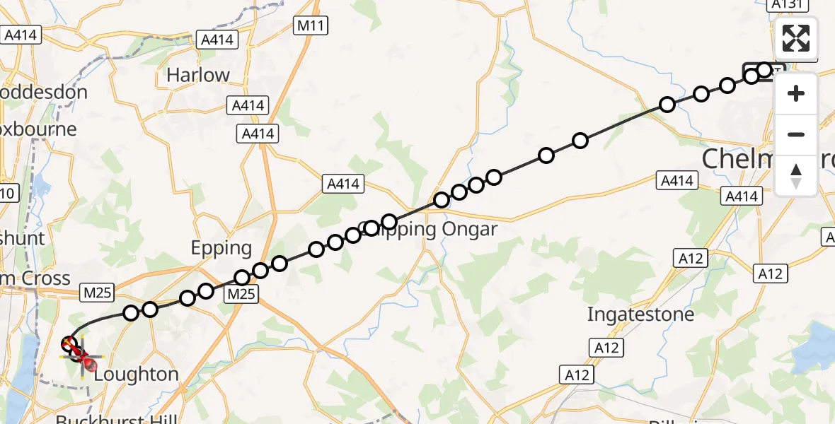Flight route Air Ambulance Helicopter Broomfield Hospital - Metropolitan Police Air Support Unit Lippitts Hill, 06 September 2026, 18:13