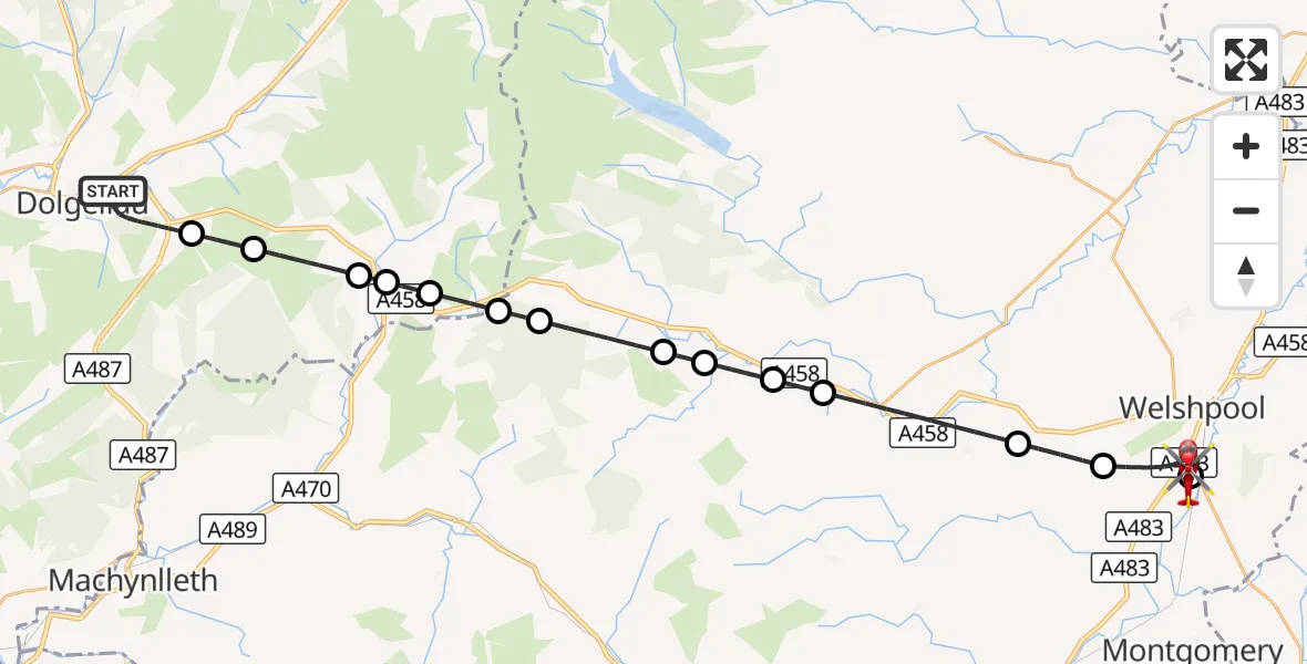 Flight route Air Ambulance Helicopter Dolgellau - Welshpool Airport, 06 September 2026, 18:20