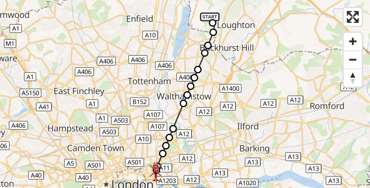Flight route Air Ambulance Helicopter Metropolitan Police Air Support Unit Lippitts Hill - Royal London Hospital, 06 September 2026, 18:31