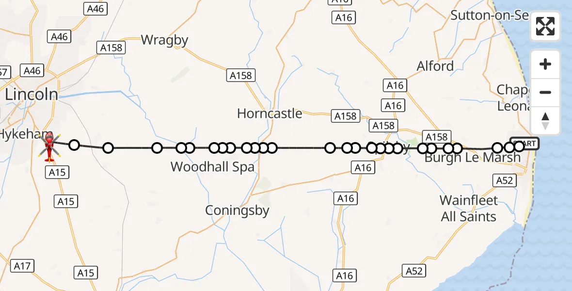 Flight route Air Ambulance Helicopter Skegness (Ingoldmells) Aerodrome - North Kesteven, 06 September 2026, 18:31