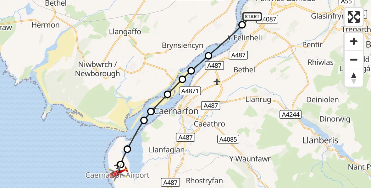Flight route Air Ambulance Helicopter Pentir - Caernarfon Airport, 06 September 2026, 18:43
