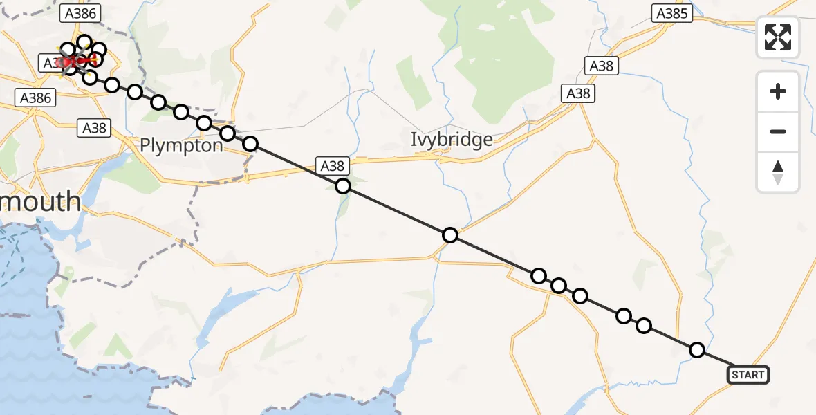 Flight route Air Ambulance Helicopter South Hams - Derriford Hospital, 06 September 2026, 18:52