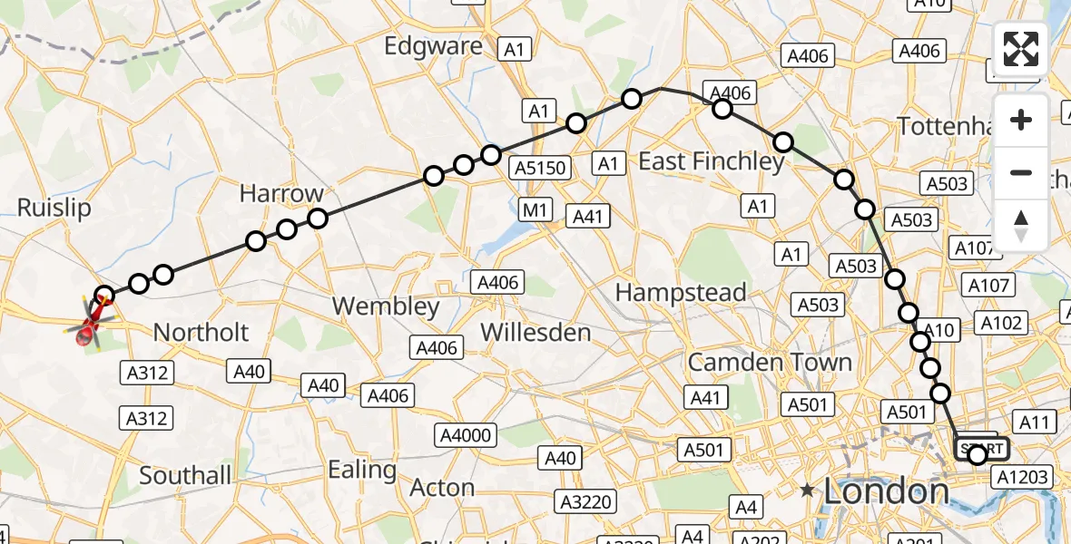 Flight route Air Ambulance Helicopter Royal London Hospital - RAF Northolt, 06 September 2026, 18:55