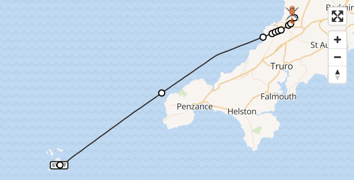 Flight route Coastguard Helicopter St. Mary's Airport - Cornwall Airport Newquay, 06 September 2026, 19:14