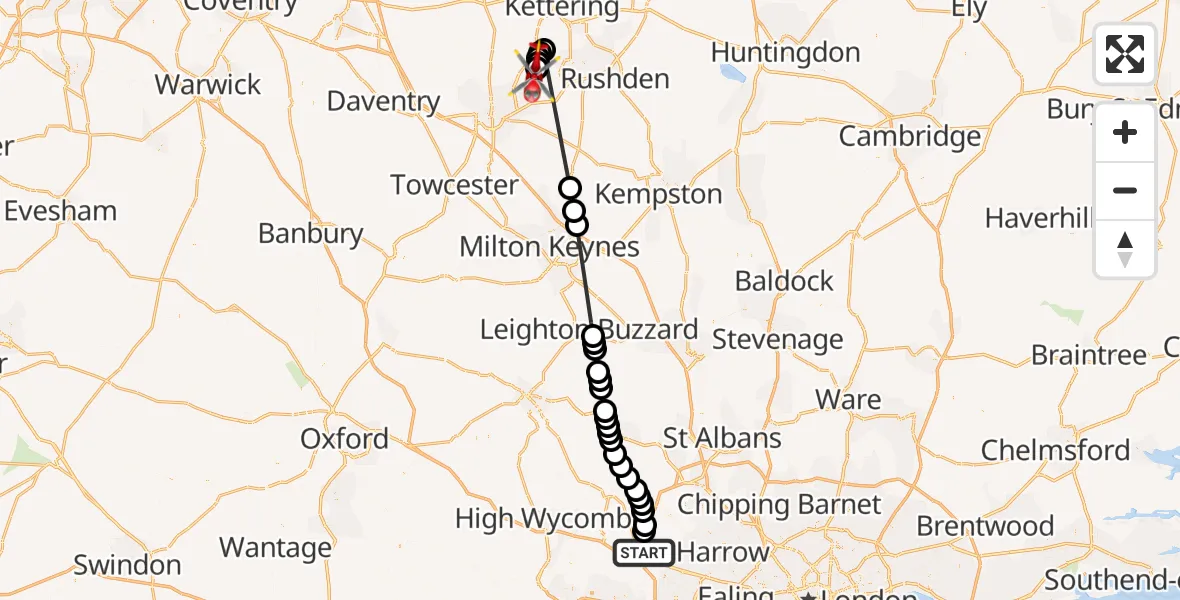 Flight route Air Ambulance Helicopter Gerrards Cross - Sywell Aerodrome, 06 September 2026, 19:17