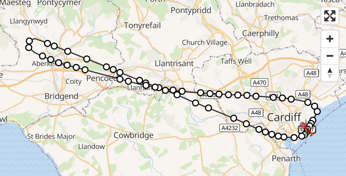 Flight route Air Ambulance Helicopter Cardiff Heliport - Cardiff Heliport, 06 September 2026, 19:21