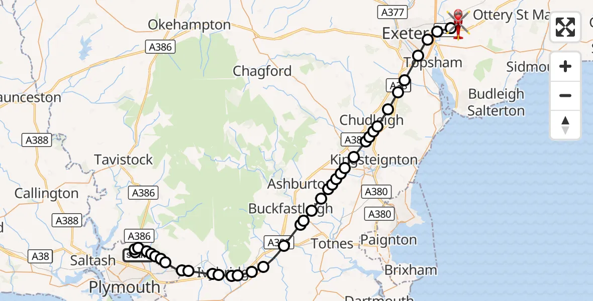 Flight route Air Ambulance Helicopter Derriford Hospital - Exeter International Airport, 06 September 2026, 19:33